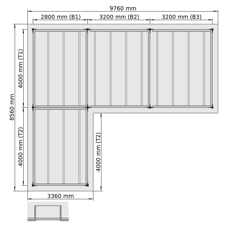 Lagerbühnen LBX 8000 L-Form links, 4 Felder, B: 9.760 mm, T: 8.560 mm mm, Treppe: ohne, Übergabe: mitKetteGesichert