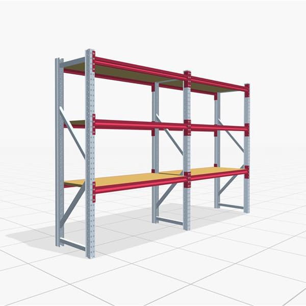 Weitspannregale WSX 5000, H: 2.000 mm, B: 3.187 mm mm, T: 600 mm, Ebenen: 4, Feldbreite: 1.500 mm, Auflage: Spanplatte