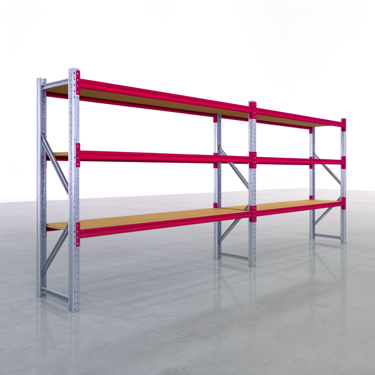 Weitspannregale WSX 5000, H: 2.000 mm, B: 5.167 mm mm, T: 600 mm, Ebenen: 4, Feldbreite: 2.500 mm, Auflage: Spanplatte