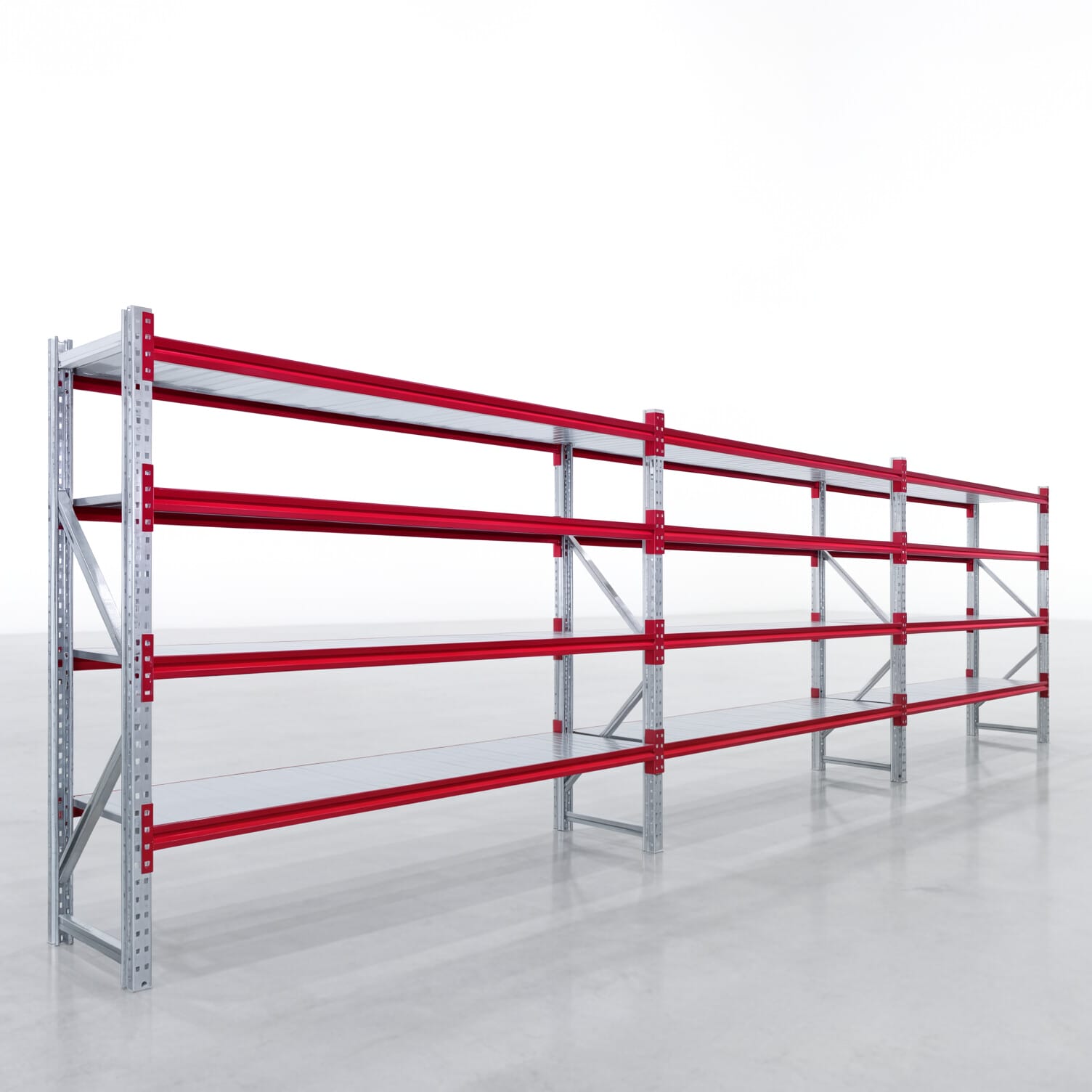 Weitspannregale WSX 5000, H: 2.000 mm, B: 7.718 mm mm, T: 600 mm, Ebenen: 5, Feldbreite: 2.500 mm, Auflage: Stahlboden