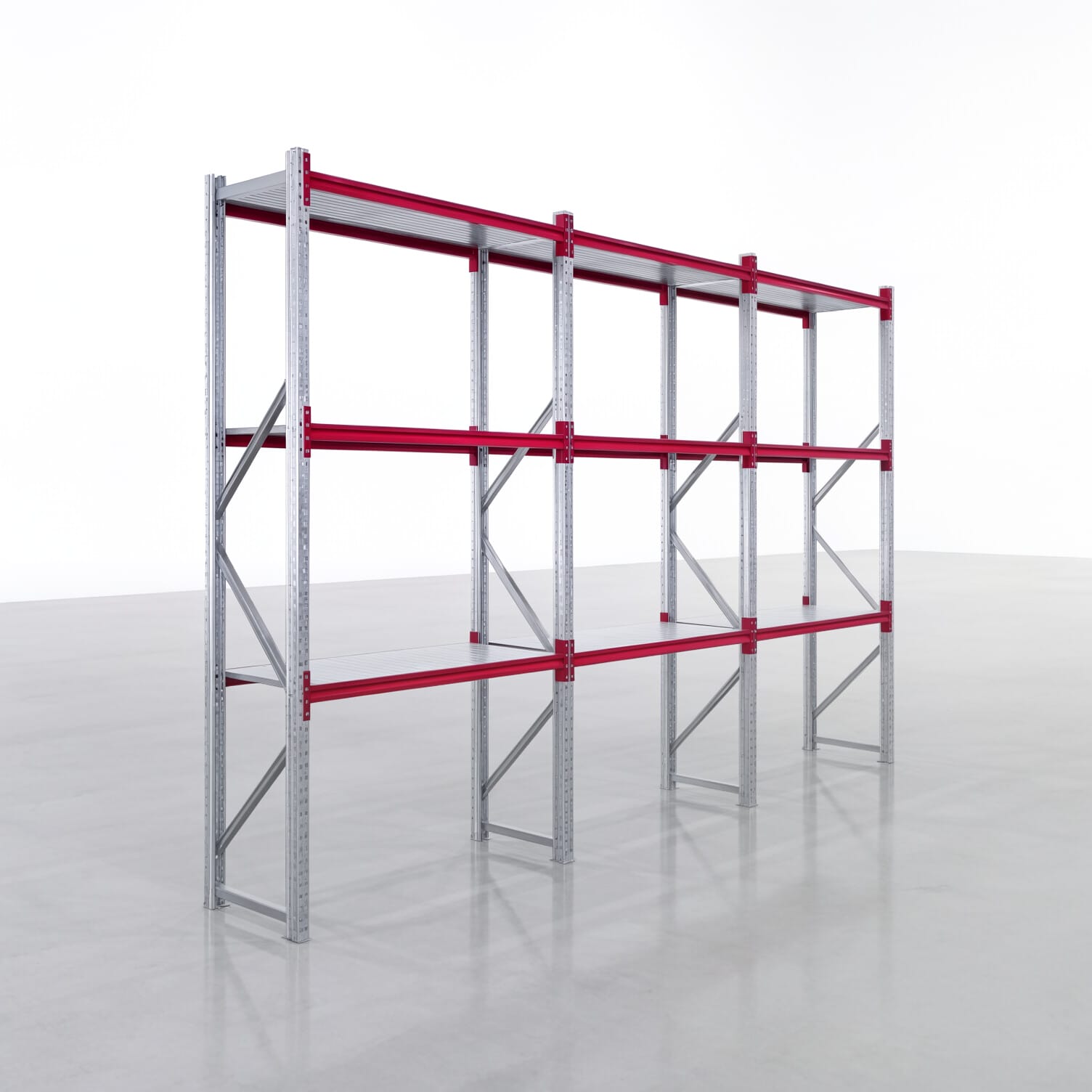 Weitspannregale WSX 5000, H: 3.000 mm, B: 4.748 mm mm, T: 600 mm, Ebenen: 4, Feldbreite: 1.500 mm, Auflage: Stahlboden