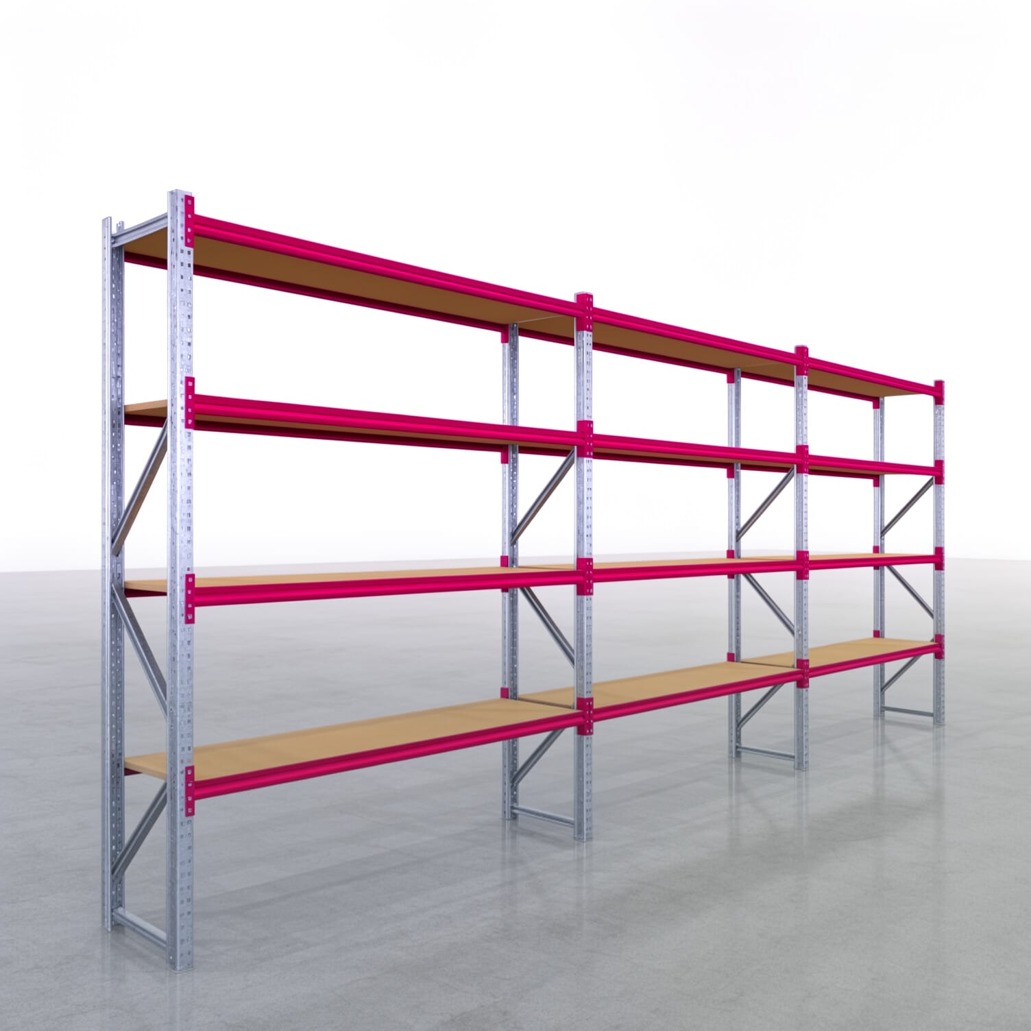 Weitspannregale WSX 5000, H: 3.000 mm, B: 7.718 mm mm, T: 600 mm, Ebenen: 5, Feldbreite: 2.500 mm, Auflage: Spanplatte