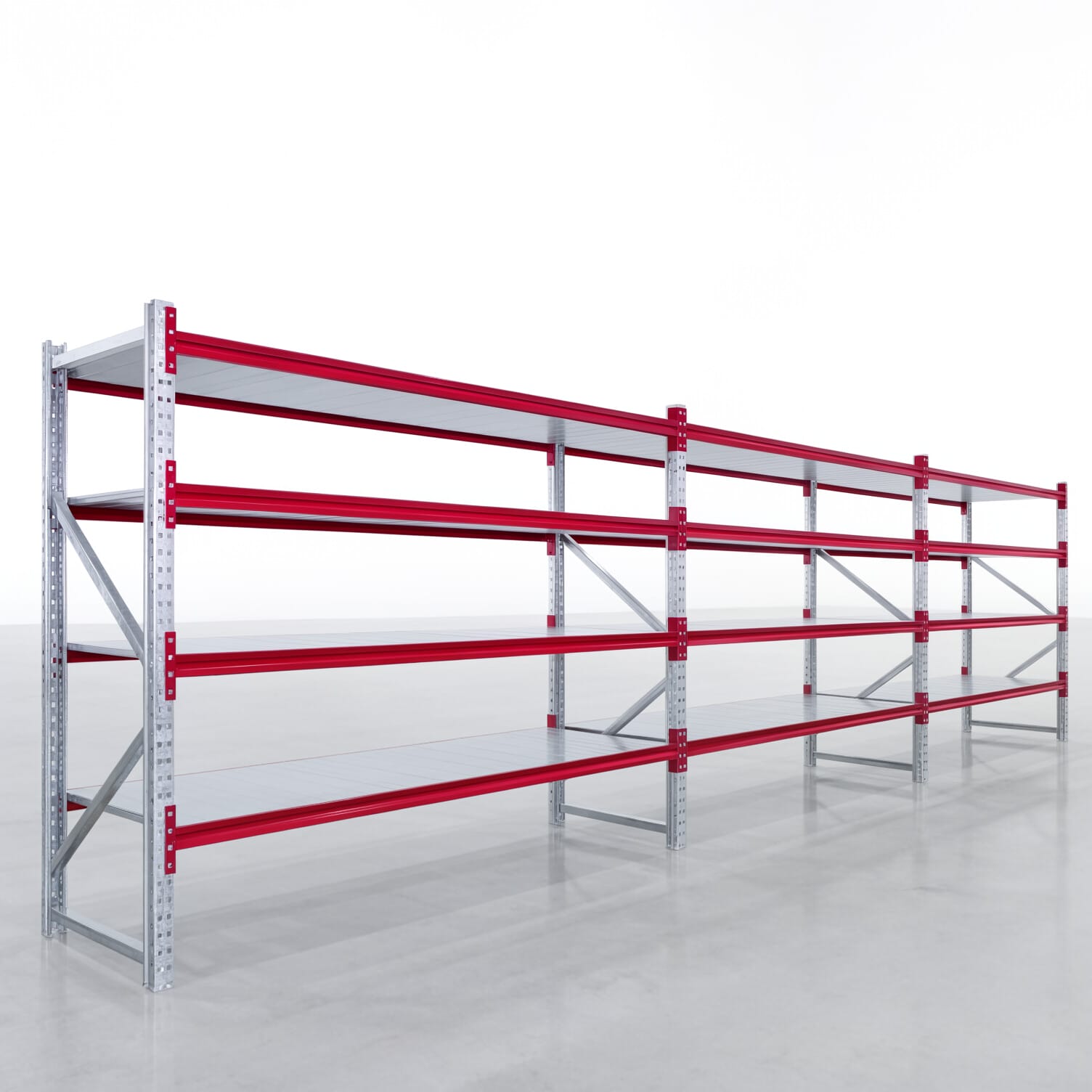 Weitspannregale WSX 5000, H: 2.000 mm, B: 7.718 mm mm, T: 800 mm, Ebenen: 5, Feldbreite: 2.500 mm, Auflage: Stahlboden