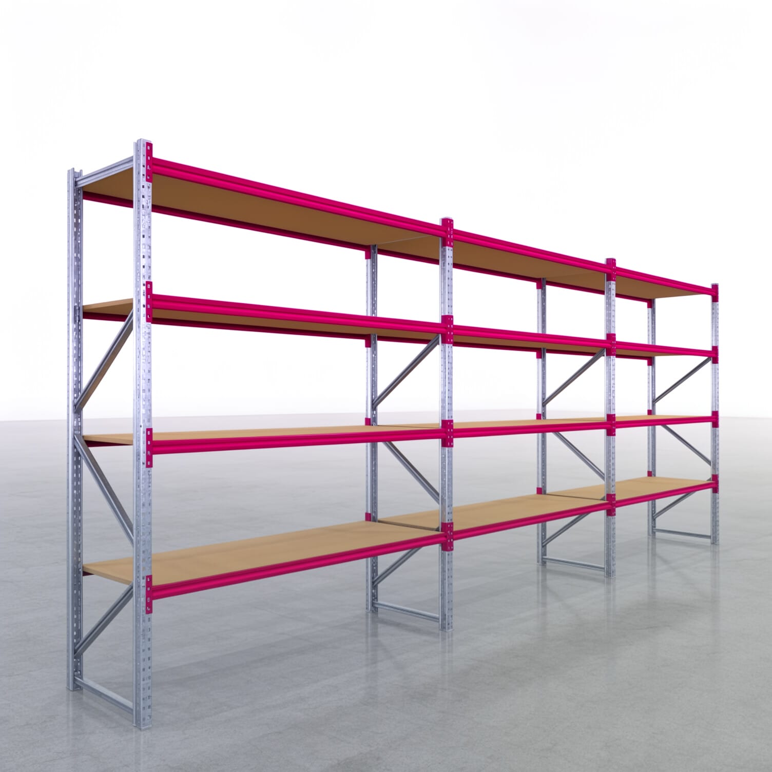 Weitspannregale WSX 5000, H: 3.000 mm, B: 7.718 mm mm, T: 800 mm, Ebenen: 5, Feldbreite: 2.500 mm, Auflage: Spanplatte